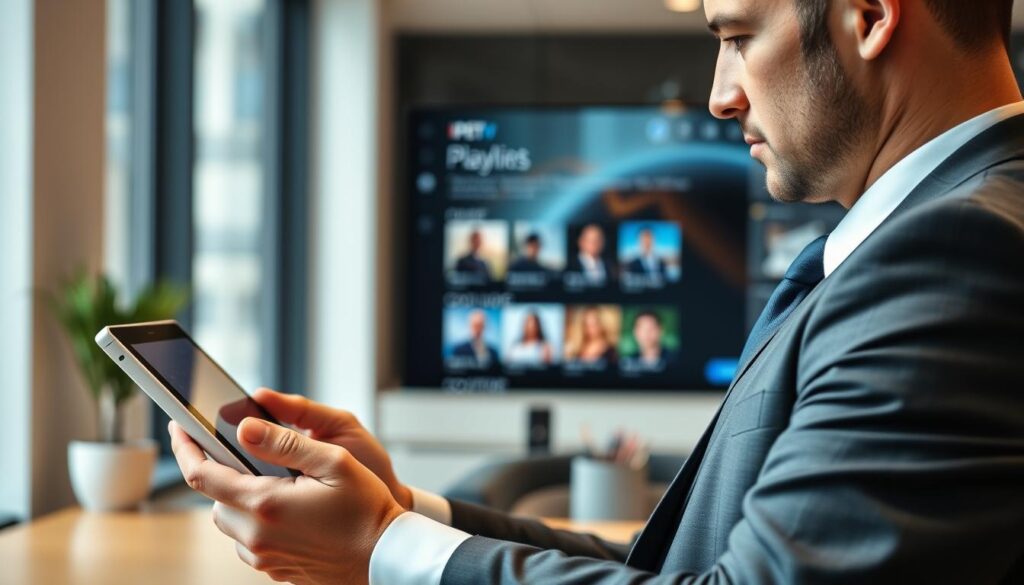 Generate an image of a person browsing through various IPTV playlist options on their device.