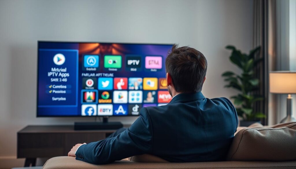 Generate an image of a person comfortably watching TV on a smart TV with multiple IPTV apps open.