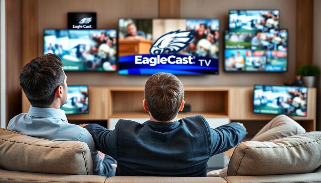Generate an image of a person enjoying multiple TV channels simultaneously on different screens with EagleCast TV logo