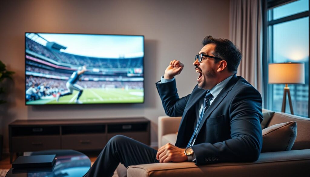 Generate an image of a person enjoying sports content on IPTV Gear