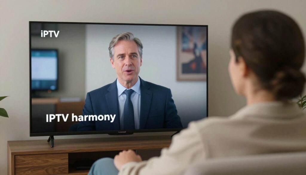 Generate an image of a person enjoying their favourite TV show on IPTV Harmony