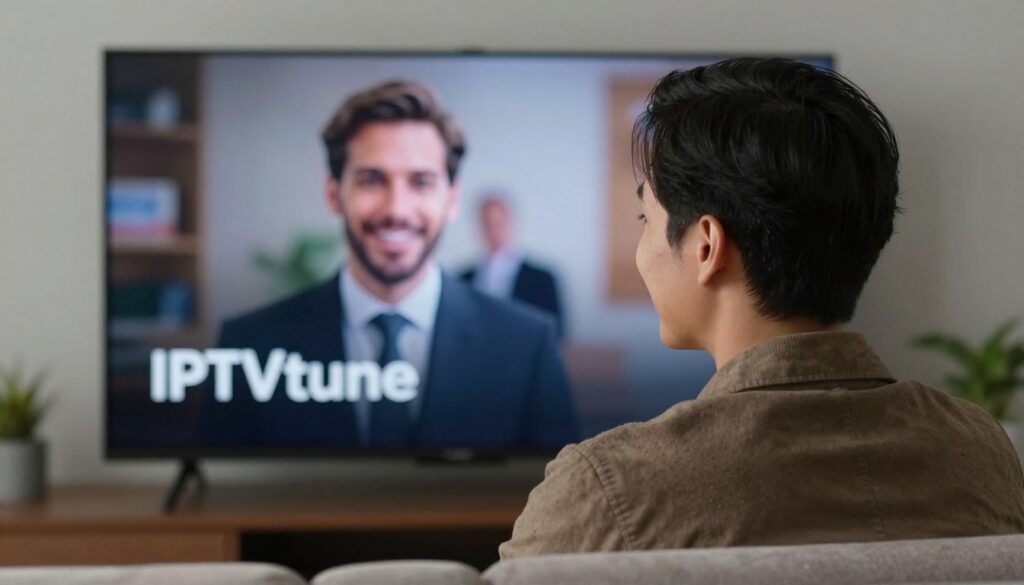 Generate an image of a person enjoying their favourite TV show on IPTVtune with a satisfied expression