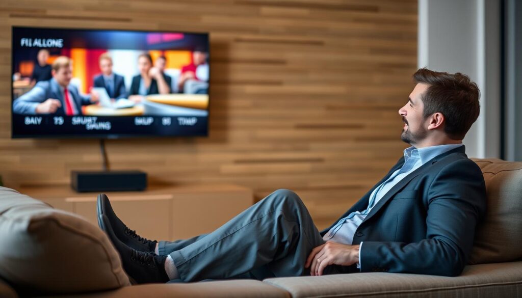 Generate an image of a person enjoying their favourite TV show on a 4K TV with a satisfied expression.