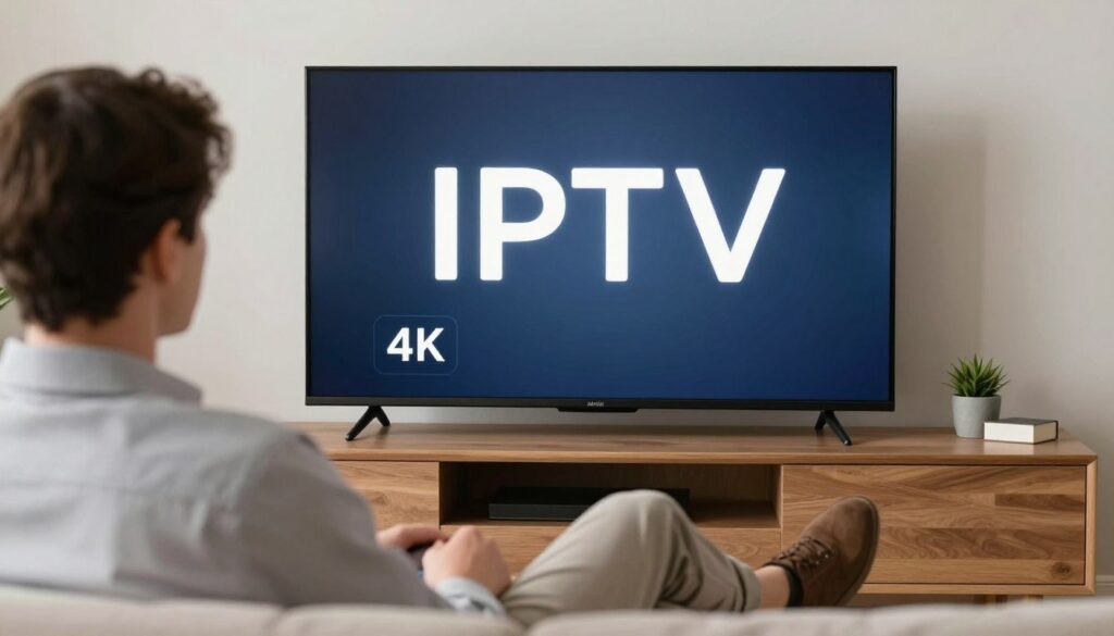 Generate an image of a person enjoying their favourite TV show on a 4K TV with a stable IPTV connection.