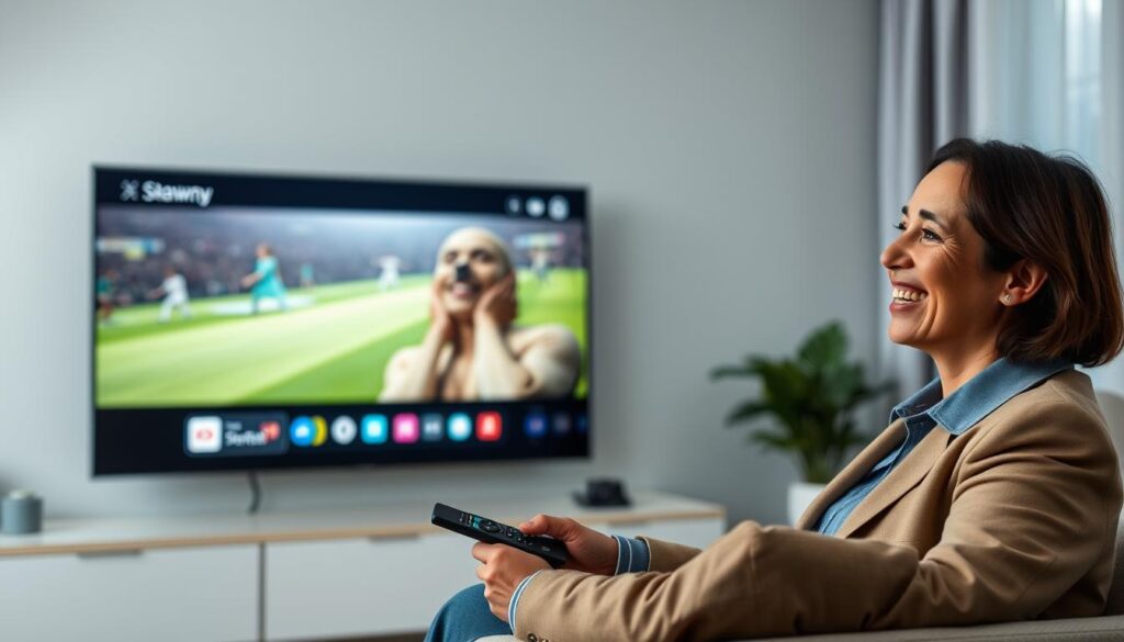 Generate an image of a person enjoying their favourite TV show on a 4K smart TV, with a remote control in hand and a satisfied expression. Generate an image of a person enjoying their favourite TV show on a 4K smart TV, with a remote control in hand and a satisfied expression.