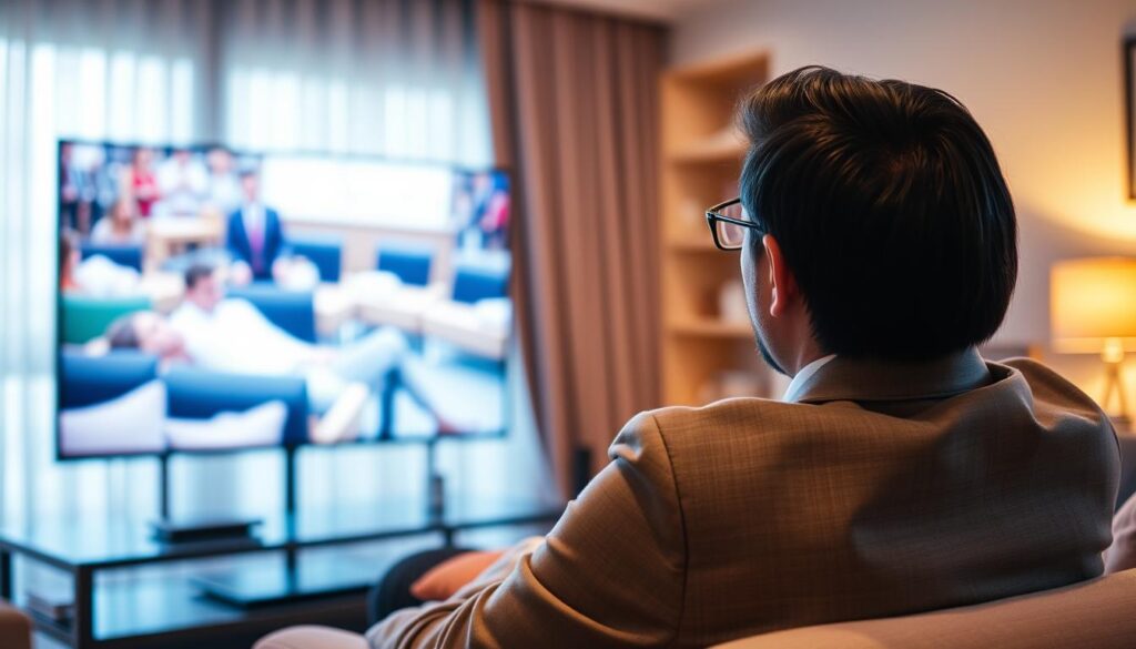 Generate an image of a person enjoying their favourite TV show on a Smart TV using IPTVDigi Generate an image of a person enjoying their favourite TV show on a Smart TV using IPTVDigi