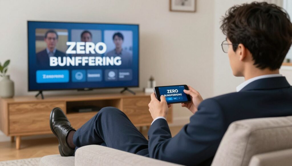 Generate an image of a person enjoying their favourite TV show on a device with a stable internet connection, symbolising zero buffering.