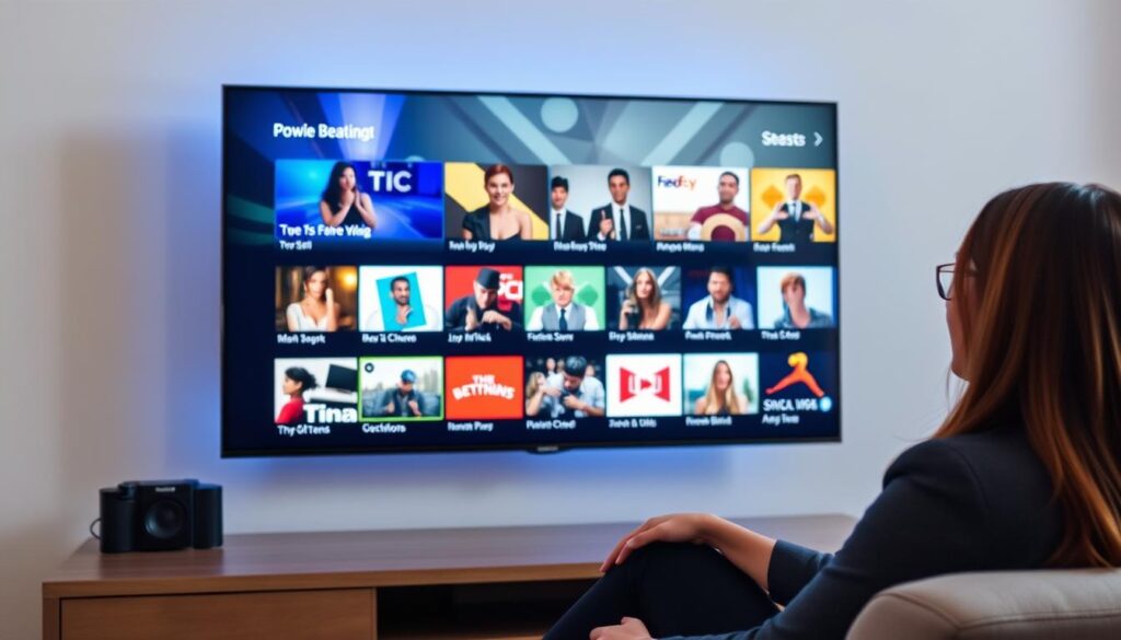 Generate an image of a person enjoying their favourite TV show on a sleek, modern TV screen with a variety of channels and content displayed.