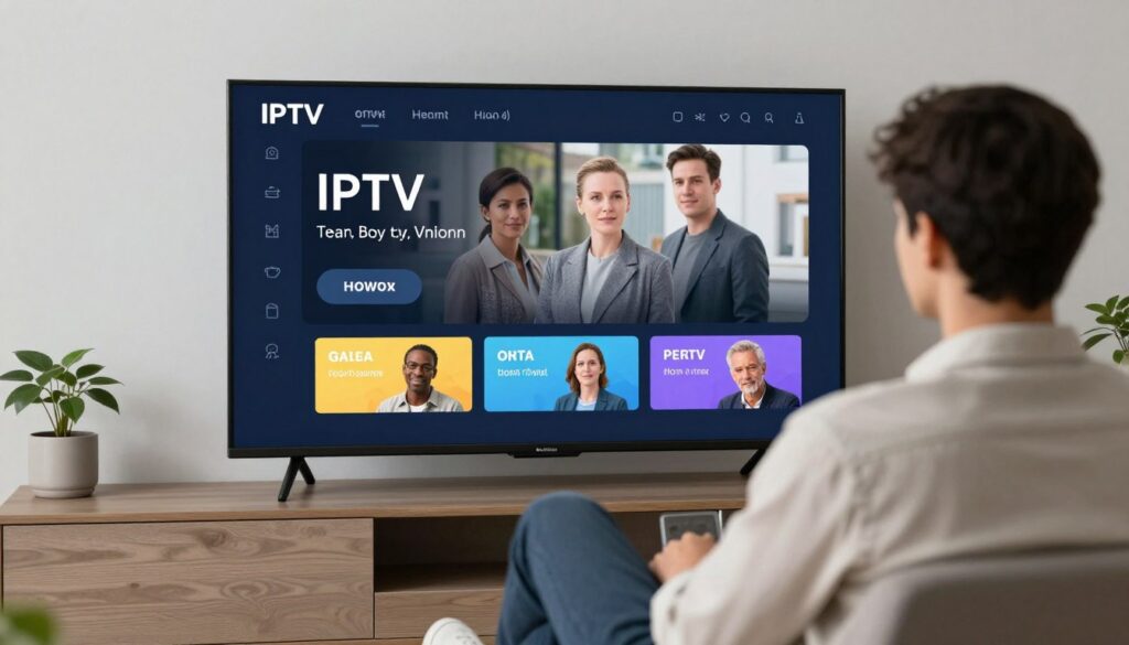 Generate an image of a person enjoying their favourite TV show on a sleek, modern TV with a TiVistation IPTV service interface on the screen.