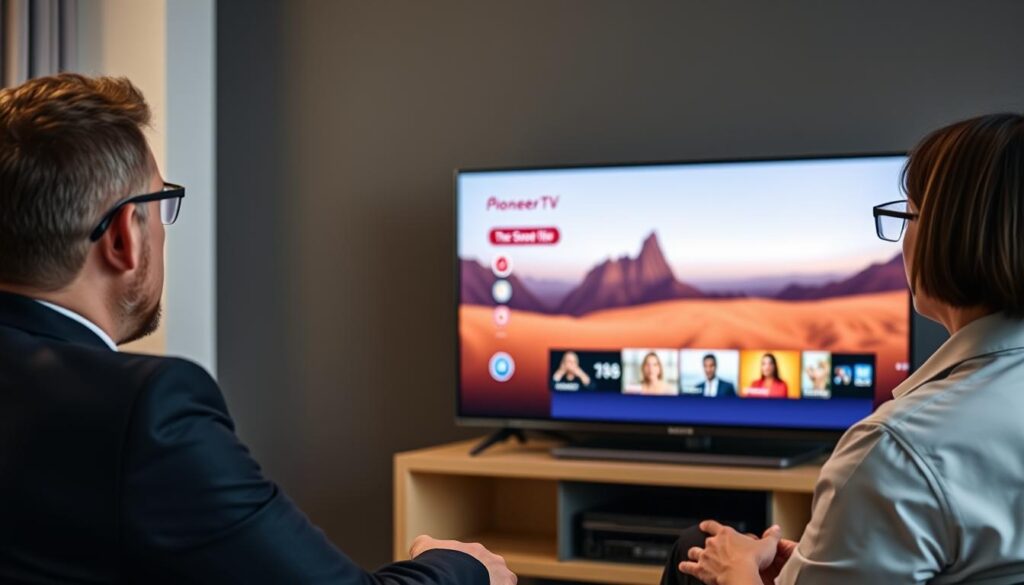 Generate an image of a person enjoying their favourite TV show on a smart TV with Pioneers TV interface on the screen.