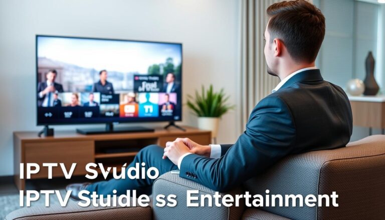 Generate an image of a person enjoying their favourite TV show on a smart TV with a caption "IPTV Studio - Limitless Entertainment"