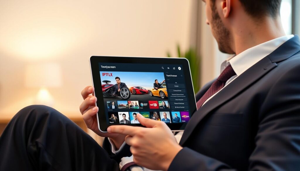 Generate an image of a person enjoying their favourite TV show on a tablet, with the Trendyscreen IPTV service interface on the screen.