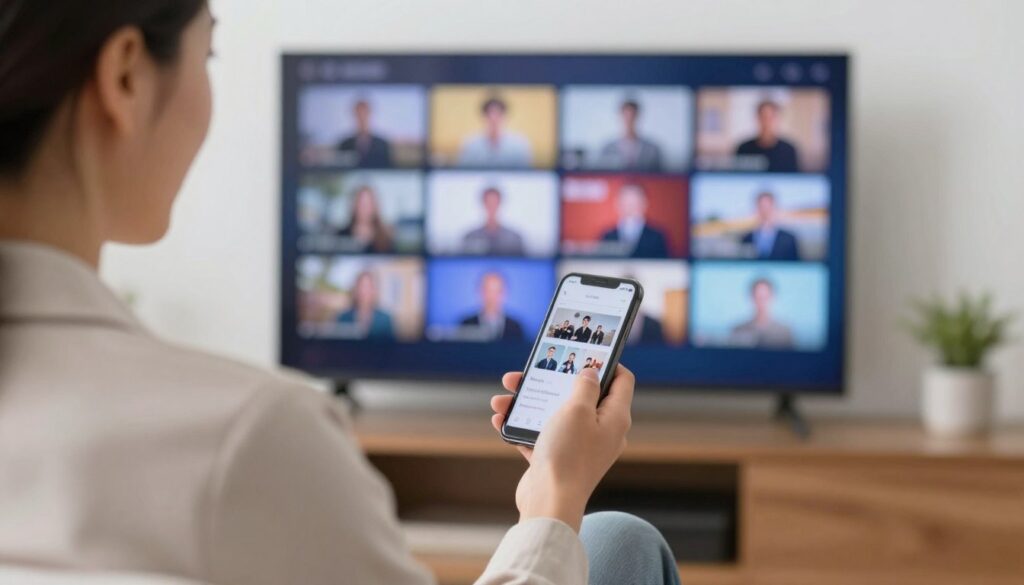 Generate an image of a person happily watching TV on their device with a variety of channels on the screen.