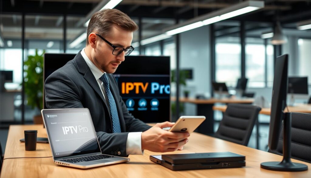 Generate an image of a person setting up IPTV Pro on their device