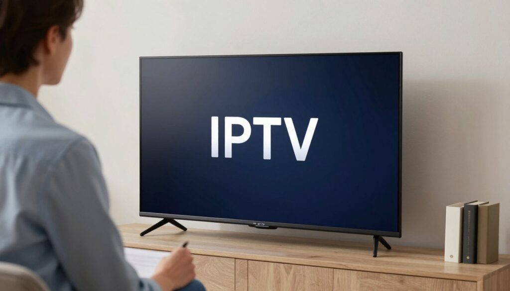 Generate an image of a person setting up IPTV on a smart TV Generate an image of a person setting up IPTV on a smart TV