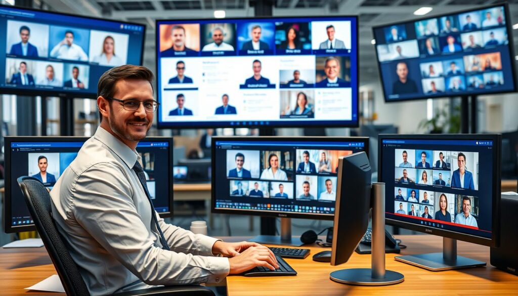 Generate an image of a person sitting in front of a computer, surrounded by multiple screens displaying different IPTV forums.