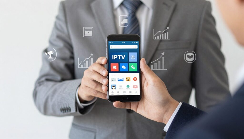 Generate an image of a person using a smartphone with an IPTV app open, surrounded by marketing icons. Generate an image of a person using a smartphone with an IPTV app open, surrounded by marketing icons.