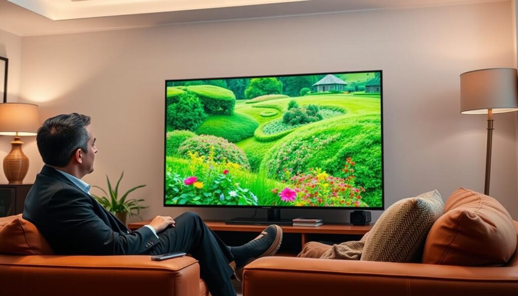 Generate an image of a person watching TV with a 4K resolution screen displaying a vibrant landscape. Generate an image of a person watching TV with a 4K resolution screen displaying a vibrant landscape.
