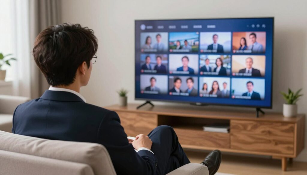 Generate an image of a person watching TV with a mix of global and local channels on the screen.