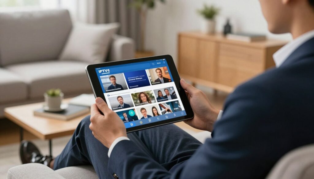 Generate an image of a person watching international TV channels on their device using IPTV Trends. Generate an image of a person watching international TV channels on their device using IPTV Trends.