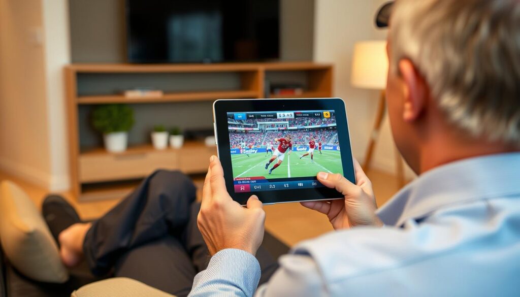 Generate an image of a person watching live sports on their tablet using a live IPTV service. Generate an image of a person watching live sports on their tablet using a live IPTV service.