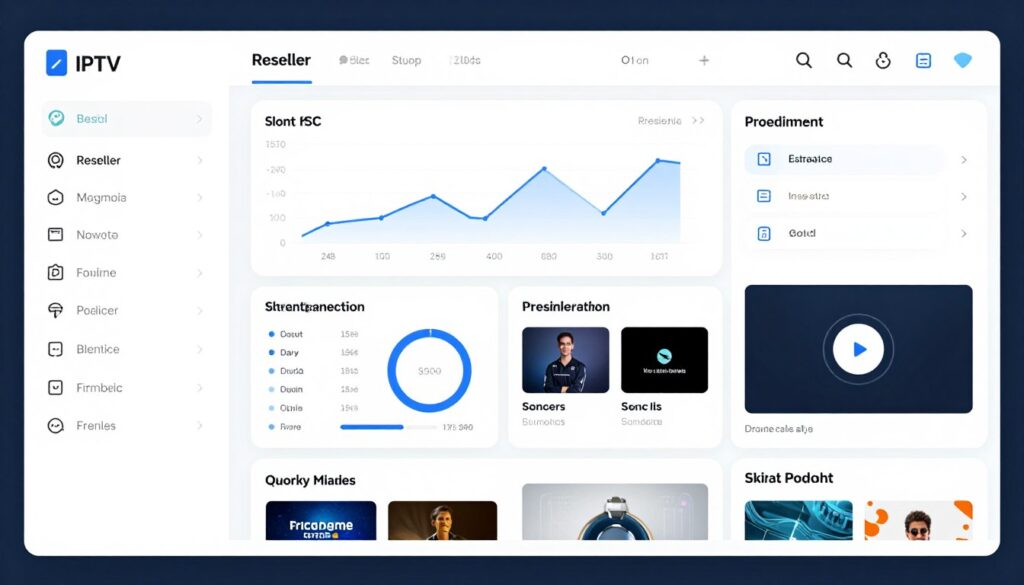 Generate an image of a reseller dashboard with various IPTV management tools Generate an image of a reseller dashboard with various IPTV management tools