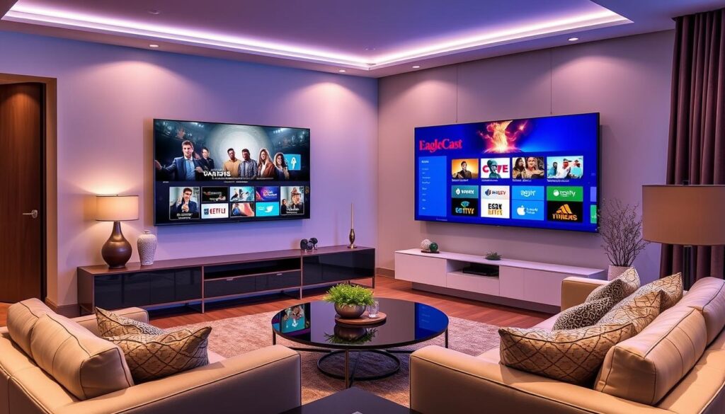 Generate an image of a sleek, modern living room with a large screen TV displaying various channels and content from EagleCast TV.