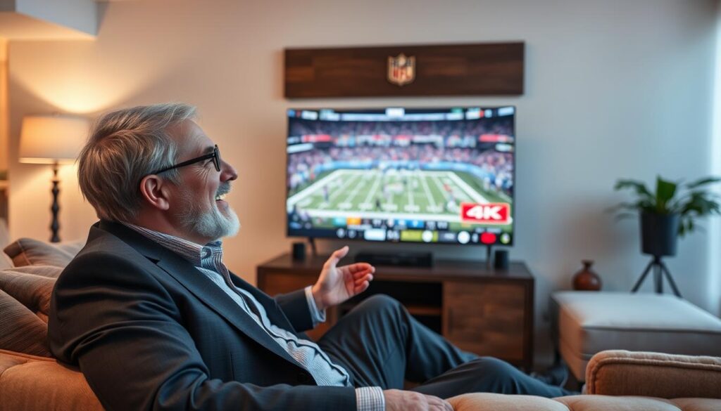 Generate an image of a sports enthusiast watching a live NFL game on their TV with a 4K resolution label on the screen. Generate an image of a sports enthusiast watching a live NFL game on their TV with a 4K resolution label on the screen.