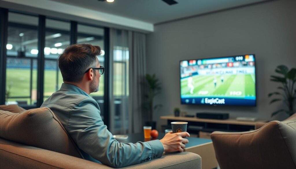 Generate an image of a sports enthusiast watching a live match on EagleCast TV