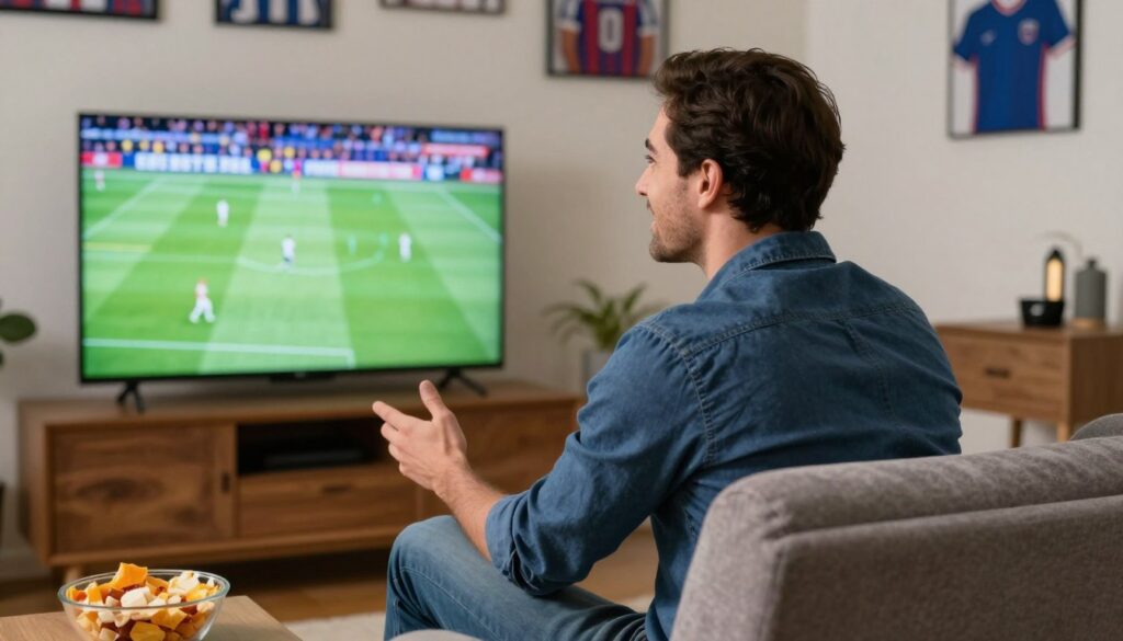 Generate an image of a sports enthusiast watching a live match on their TV with a satisfied expression.