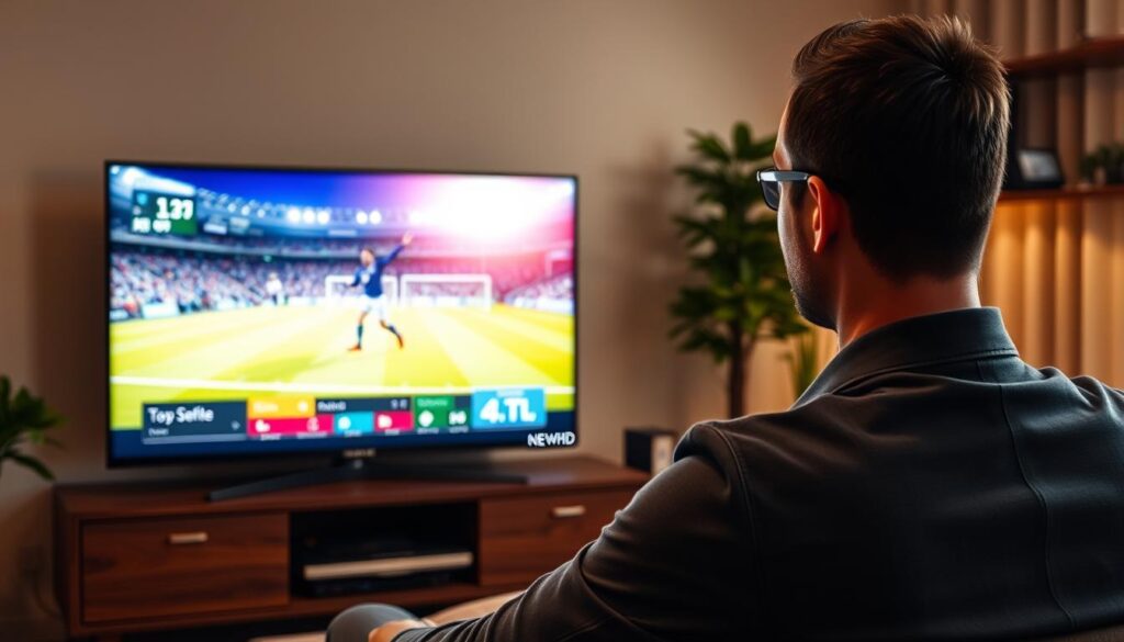 Generate an image of a sports enthusiast watching a live sports event on a 4K TV with a NewHD IPTV interface on the screen.