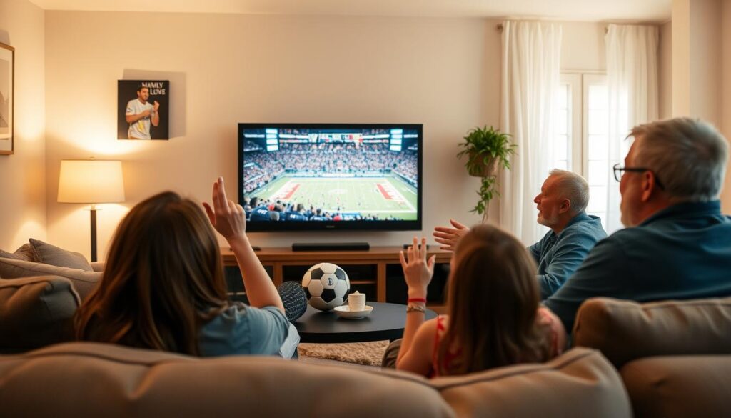 Generate an image of a sports enthusiast watching a live sports event on their TV using an IPTV service.