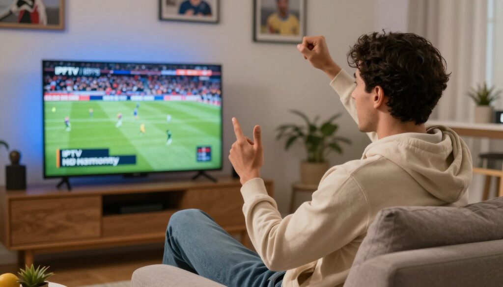 Generate an image of a sports enthusiast watching live sports on IPTV Harmony Generate an image of a sports enthusiast watching live sports on IPTV Harmony