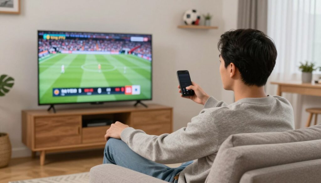 Generate an image of a sports enthusiast watching live sports on their TV using King IPTV. Generate an image of a sports enthusiast watching live sports on their TV using King IPTV.