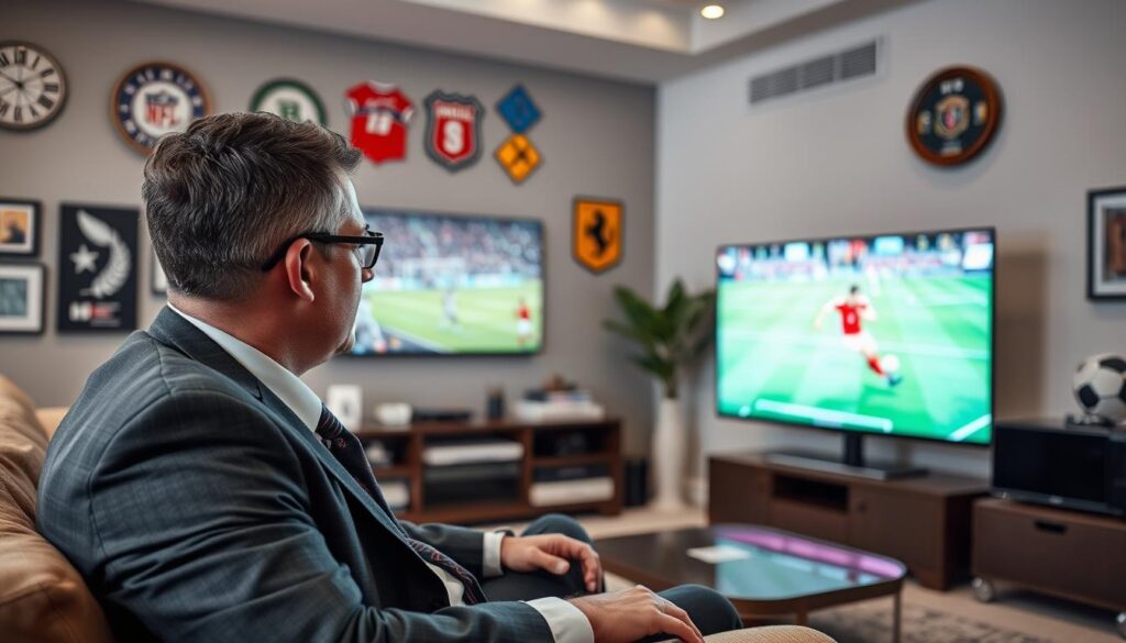 Generate an image of a sports fan watching a live match in HD using Xtreme HD IPTV Generate an image of a sports fan watching a live match in HD using Xtreme HD IPTV
