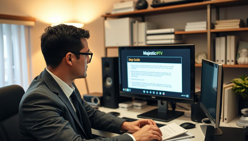 Generate an image of a user easily setting up their IPTV service with Majestic IPTV's step-by-step guide.