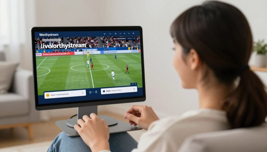 Generate an image of a user enjoying buffer-free live sports on Worthystream Generate an image of a user enjoying buffer-free live sports on Worthystream