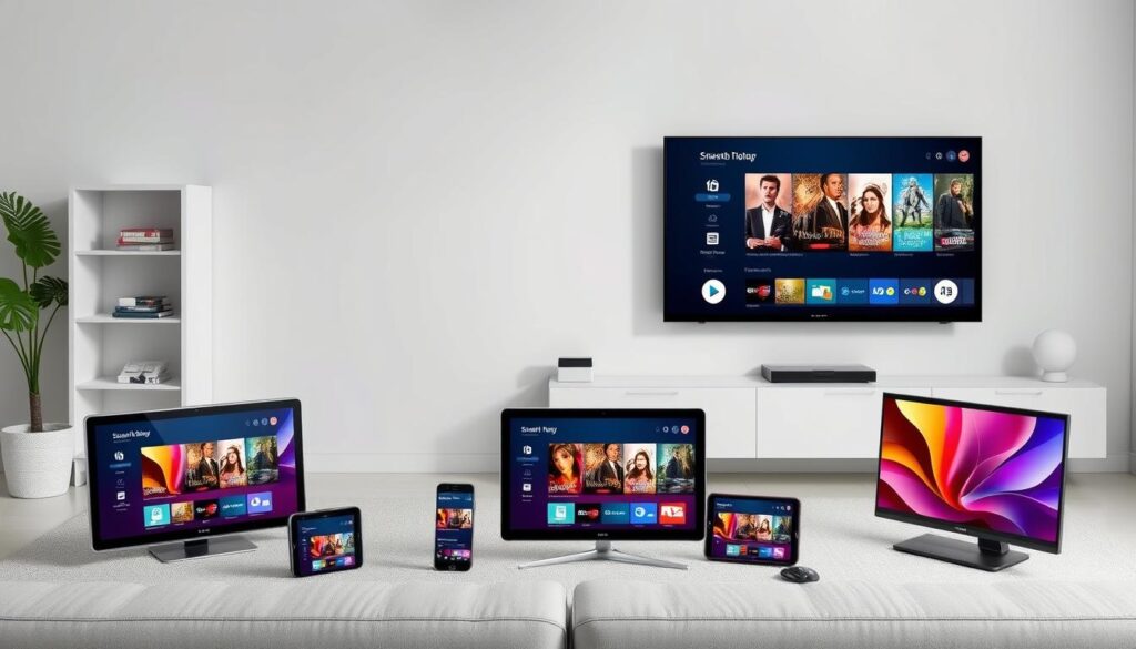 Generate an image of various devices (smart TVs, smartphones, tablets, and computers) connected to a streaming service. Generate an image of various devices (smart TVs, smartphones, tablets, and computers) connected to a streaming service.