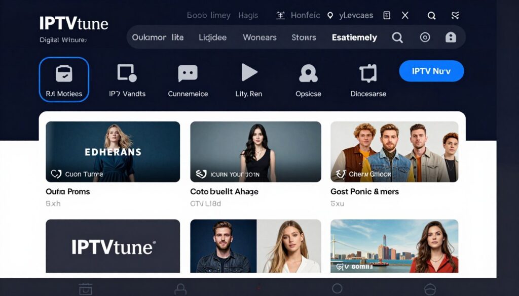 Generate an image representing IPTVtune's user interface and content offerings. Generate an image representing IPTVtune's user interface and content offerings.