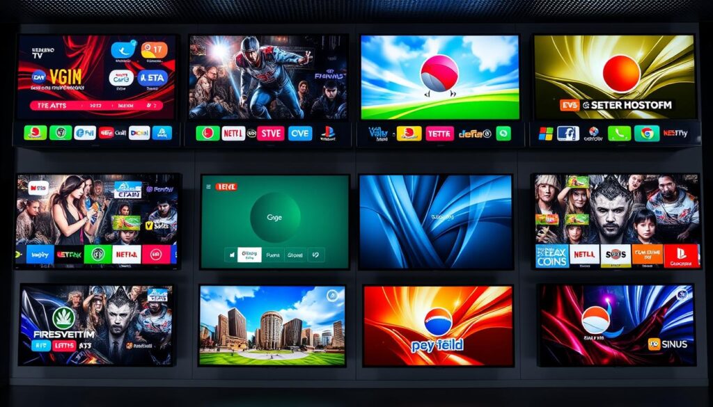 Generate an image showcasing a vast array of TV channels on multiple screens Generate an image showcasing a vast array of TV channels on multiple screens