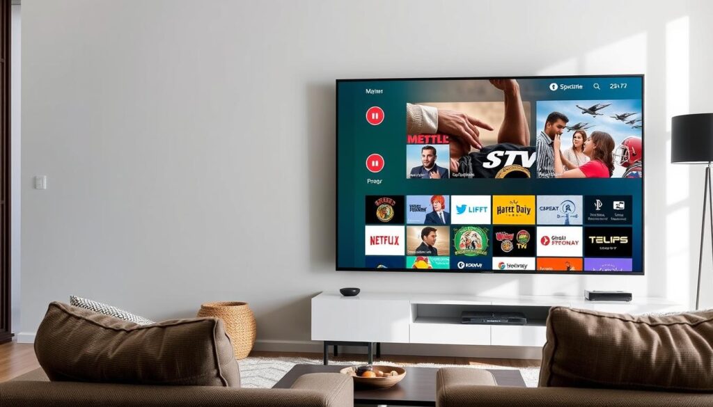 Generate an image showing XtreamView IPTV's interface on a smart TV.