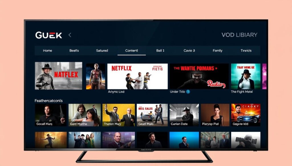 Image generation prompt: A screenshot of Guek HD IPTV's user interface showcasing its extensive VOD library.