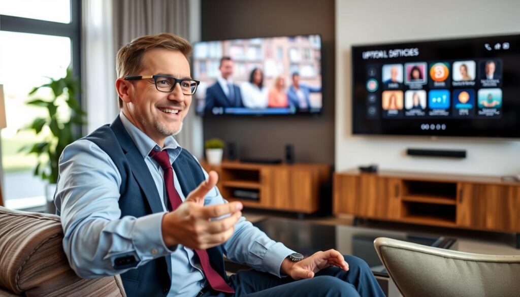 Image of a customer using IPTV Main service with a satisfied expression Image of a customer using IPTV Main service with a satisfied expression