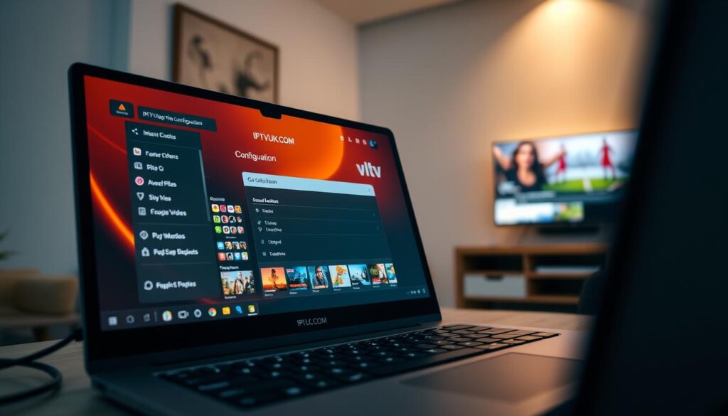 A close-up shot of a modern computer setup displaying the VLC media player interface, showcasing the IPTV configuration screen. The screen features vibrant video streaming elements, a list of channels, and the "IPTVVUK.COM" logo subtly included. The foreground includes a sleek laptop with an ergonomic keyboard, while the middle ground comprises of a small potted plant and a smart speaker. In the background, a well-lit room with soft, warm lighting enhances a cozy atmosphere, complete with a wall-mounted TV displaying streaming content. The angle is slightly tilted to create depth, emphasizing the tech-savvy vibe of setting up IPTV on VLC. Overall, the mood is focused and professional, inviting viewers to engage with the IPTV VLC setup process.