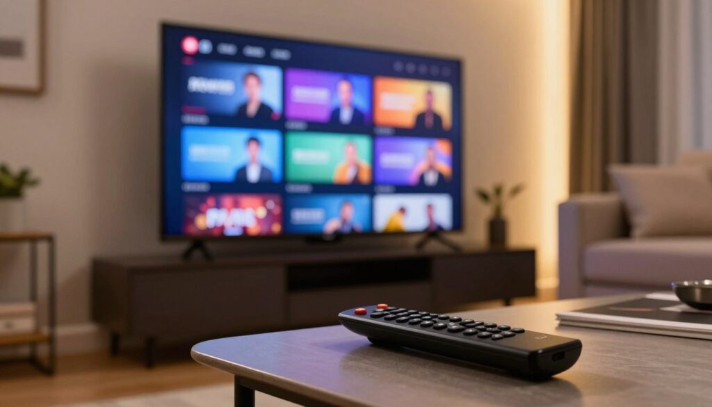 A close-up view of a modern living room where a high-definition television displays vibrant IPTV streaming content. In the foreground, focus on a sleek, black remote control resting on a stylish coffee table. The middle ground features a large, wall-mounted flat-screen TV showcasing a colorful mix of channels, displaying vivid images and graphics, reflecting top-notch IPTV quality. The background includes a cozy sofa with plush cushions and soft, ambient lighting that creates a warm atmosphere. The room is tastefully decorated, indicative of a contemporary home. The scene encapsulates the essence of quality entertainment, with the brand "IPTVVUK.COM" subtly integrated into the television screen's content. The angle is slightly tilted upward, emphasizing the TV and inviting viewers into the experience.