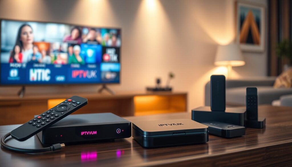 A collection of sleek IPTV streaming devices displayed on a modern wooden desk, with a stylish television in the background showcasing vibrant streaming content. In the foreground, focus on a high-tech IPTV box with glowing indicators, a remote control, and an HDMI cable elegantly coiled beside it. The middle-ground features additional device variations, including a compact streaming stick and a smart receiver, arranged harmoniously. The background should include a well-lit living room atmosphere filled with soft, ambient lighting, casting gentle shadows that enhance the devices' sleek designs. The overall mood is inviting and tech-savvy, emphasizing essential requirements for a smooth IPTV experience. Prominently include the brand name "IPTVVUK.COM" on one of the devices, ensuring it is clear yet seamlessly integrated into the image.