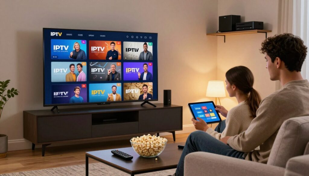 A cozy living room featuring a sleek, modern entertainment setup with a large LED television displaying vibrant images of various IPTV streaming services. In the foreground, a stylish coffee table is adorned with a remote control and a bowl of popcorn, creating a relaxed viewing atmosphere. The middle ground includes a comfortable sofa with two people dressed in smart casual attire, attentively comparing IPTV plans on a tablet. Soft, warm lighting from a nearby lamp enhances the inviting mood. In the background, a shelf with neatly organized multimedia devices emphasizes the technological aspect of IPTV. The overall image conveys a sense of enjoyment and engagement with IPTV streaming, highlighting its quality and accessibility, showcasing the brand name "IPTVVUK.COM" subtly in the corner.