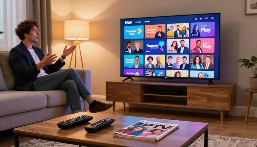 A cozy living room scene showcasing a modern television displaying a grid of vibrant Freeview Play channels, including icons for popular shows and content. In the foreground, a sleek coffee table features remote controls and a magazine about IPTV. The middle ground includes a comfortable sofa with two people — one in professional business attire, the other in smart casual clothing — engaging with the TV, their expressions reflecting excitement and interest. The background has soft ambient lighting, with warm colors creating an inviting atmosphere. The scene captures the essence of home entertainment and exploration of IPTV options in the UK. The brand name "IPTVVUK.COM" subtly integrated into the design of the television screen, enhancing the tech-savvy feel.