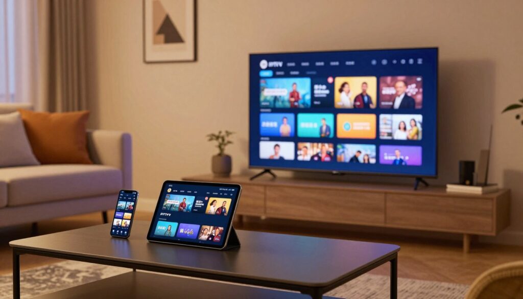 A cozy living room scene showcasing an IPTV setup on various devices, including a smart TV, a tablet, and a smartphone. In the foreground, a stylish, modern coffee table features the tablet displaying an IPTV app interface. The smart TV in the center of the room shows a colorful IPTV menu, while the smartphone rested beside the tablet also showcases the app. Warm, soft lighting casts a relaxed ambiance, enhancing the inviting atmosphere of the room. In the background, a comfortable sofa with plush cushions adds to the homely feel. The walls are adorned with subtle decor, emphasizing a modern aesthetic. Include the brand name "IPTVVUK.COM" subtly on the tablet screen. The angle captures a wide view of the entire setup, providing a comprehensive look at how IPTV can be integrated into everyday life. A cozy living room scene showcasing an IPTV setup on various devices, including a smart TV, a tablet, and a smartphone. In the foreground, a stylish, modern coffee table features the tablet displaying an IPTV app interface. The smart TV in the center of the room shows a colorful IPTV menu, while the smartphone rested beside the tablet also showcases the app. Warm, soft lighting casts a relaxed ambiance, enhancing the inviting atmosphere of the room. In the background, a comfortable sofa with plush cushions adds to the homely feel. The walls are adorned with subtle decor, emphasizing a modern aesthetic. Include the brand name "IPTVVUK.COM" subtly on the tablet screen. The angle captures a wide view of the entire setup, providing a comprehensive look at how IPTV can be integrated into everyday life.