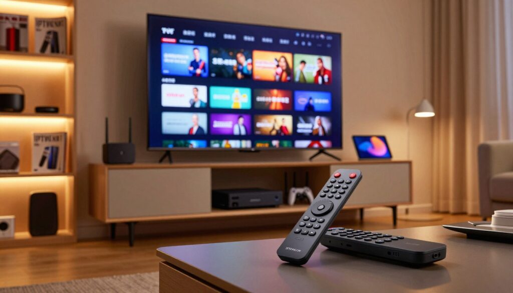 A cozy living room setting, featuring a sleek modern TV displaying various IPTV compatible devices like a streaming box, a smart TV, and a tablet. In the foreground, prominently showcase a high-tech streaming remote control alongside vibrant images of popular streaming services on the TV screen. In the middle ground, add a stylish media console with neatly arranged gaming consoles and a router, illustrating connectivity. The background includes a softly lit bookshelf filled with tech magazines and gadgets. Use warm, inviting lighting to create a comfortable atmosphere, as if it’s evening. The scene is viewed from a slightly low angle to emphasize the devices while also showcasing the room’s layout. The setting should evoke a sense of modern, accessible technology for entertainment, displaying the brand name "IPTVVUK.COM" subtly on the TV screen without text overlays.